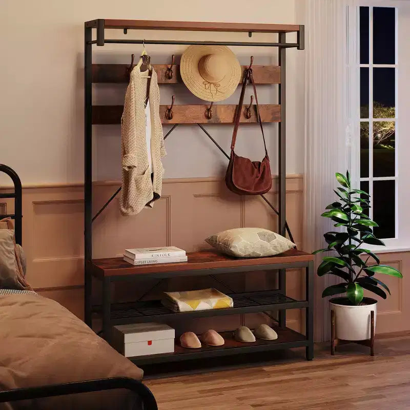 Porte-manteau et banc à chaussures industriels avec étagère de rangement, 8 crochets, barre de suspension – Organisateur d'entrée effet bois – 101,3 x 40 x 183 cm