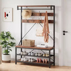 Porte-manteau et banc à chaussures industriels avec étagère de rangement, 8 crochets, barre de suspension – Organisateur d'entrée effet bois – 101,3 x 40 x 183 cm
