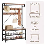 Porte-manteau et banc à chaussures industriels avec étagère de rangement, 8 crochets, barre de suspension – Organisateur d'entrée effet bois – 101,3 x 40 x 183 cm