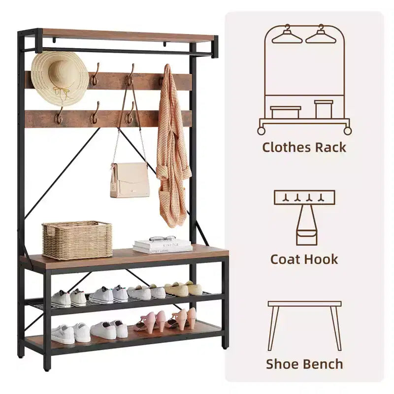 Porte-manteau et banc à chaussures industriels avec étagère de rangement, 8 crochets, barre de suspension – Organisateur d'entrée effet bois – 101,3 x 40 x 183 cm