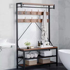 Porte-manteau et banc à chaussures industriels avec étagère de rangement, 8 crochets, barre de suspension – Organisateur d'entrée effet bois – 101,3 x 40 x 183 cm