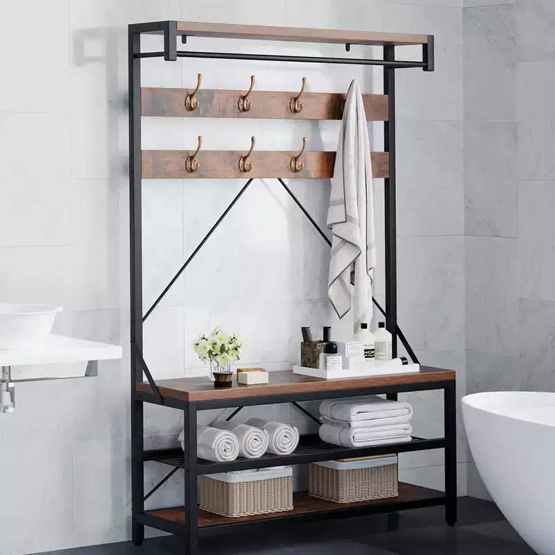 Porte-manteau et banc à chaussures industriels avec étagère de rangement, 8 crochets, barre de suspension – Organisateur d'entrée effet bois – 101,3 x 40 x 183 cm
