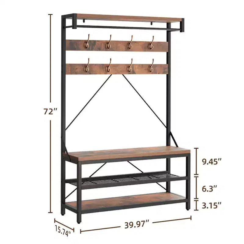 Porte-manteau et banc à chaussures industriels avec étagère de rangement, 8 crochets, barre de suspension – Organisateur d'entrée effet bois – 101,3 x 40 x 183 cm