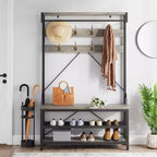 Porte-manteau et banc à chaussures industriels avec étagère de rangement, 8 crochets, barre de suspension – Organisateur d'entrée effet bois – 101,3 x 40 x 183 cm