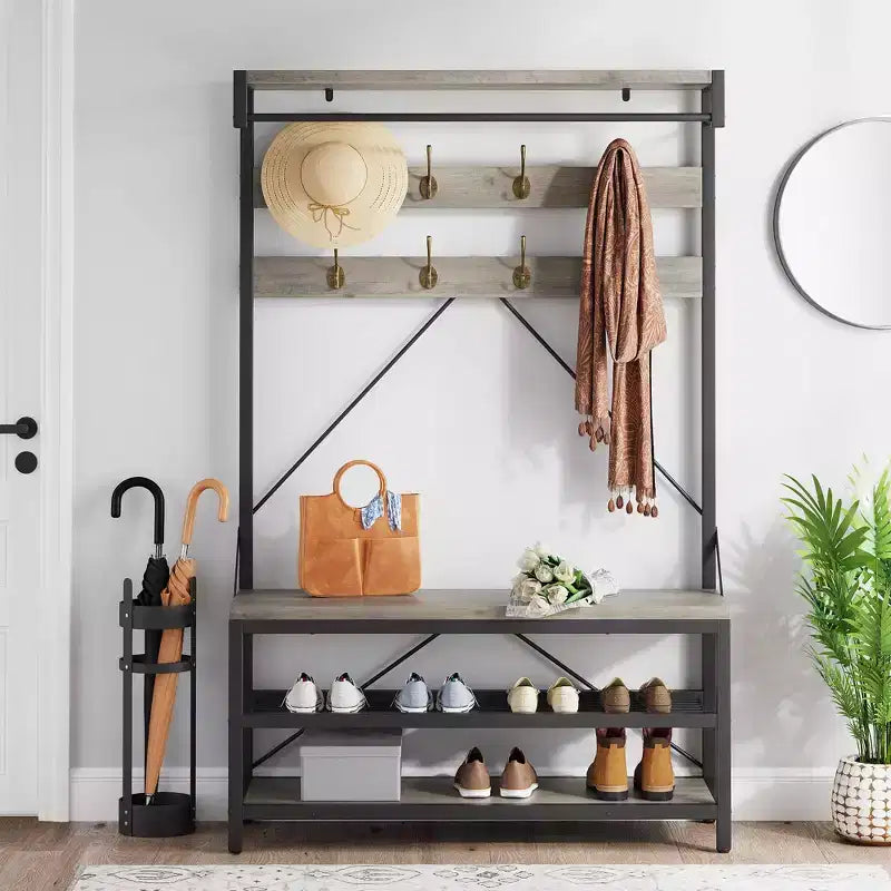 Porte-manteau et banc à chaussures industriels avec étagère de rangement, 8 crochets, barre de suspension – Organisateur d'entrée effet bois – 101,3 x 40 x 183 cm