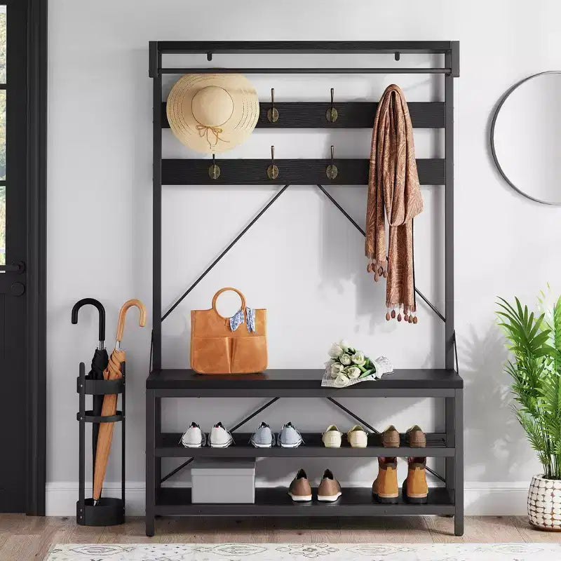 Porte-manteau et banc à chaussures industriels avec étagère de rangement, 8 crochets, barre de suspension – Organisateur d'entrée effet bois – 101,3 x 40 x 183 cm