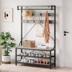 Porte-manteau et banc à chaussures industriels avec étagère de rangement, 8 crochets, barre de suspension – Organisateur d'entrée effet bois – 101,3 x 40 x 183 cm