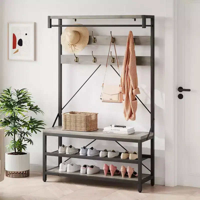 Porte-manteau et banc à chaussures industriels avec étagère de rangement, 8 crochets, barre de suspension – Organisateur d'entrée effet bois – 101,3 x 40 x 183 cm