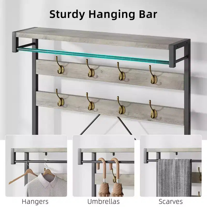 Porte-manteau et banc à chaussures industriels avec étagère de rangement, 8 crochets, barre de suspension – Organisateur d'entrée effet bois – 101,3 x 40 x 183 cm