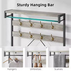 Porte-manteau et banc à chaussures industriels avec étagère de rangement, 8 crochets, barre de suspension – Organisateur d'entrée effet bois – 101,3 x 40 x 183 cm