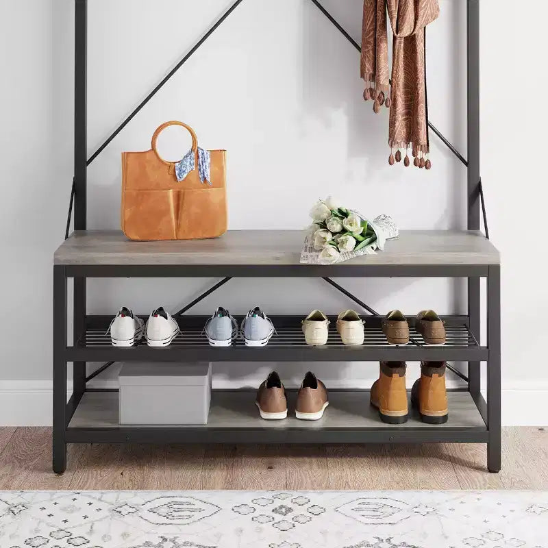 Porte-manteau et banc à chaussures industriels avec étagère de rangement, 8 crochets, barre de suspension – Organisateur d'entrée effet bois – 101,3 x 40 x 183 cm