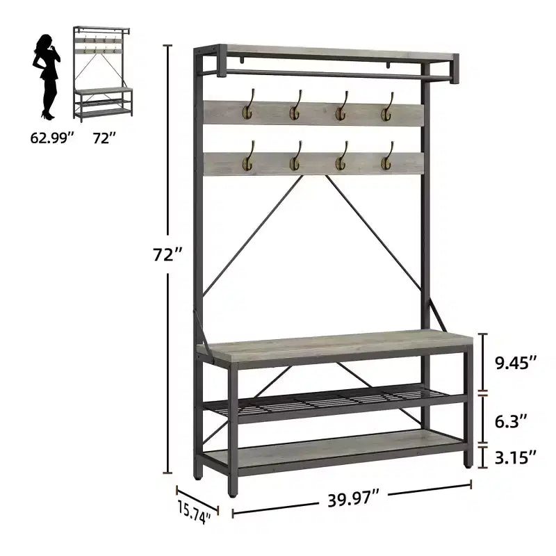 Porte-manteau et banc à chaussures industriels avec étagère de rangement, 8 crochets, barre de suspension – Organisateur d'entrée effet bois – 101,3 x 40 x 183 cm
