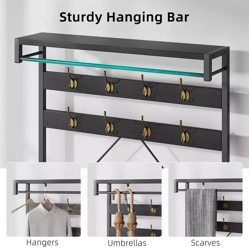 Porte-manteau et banc à chaussures industriels avec étagère de rangement, 8 crochets, barre de suspension – Organisateur d'entrée effet bois – 101,3 x 40 x 183 cm