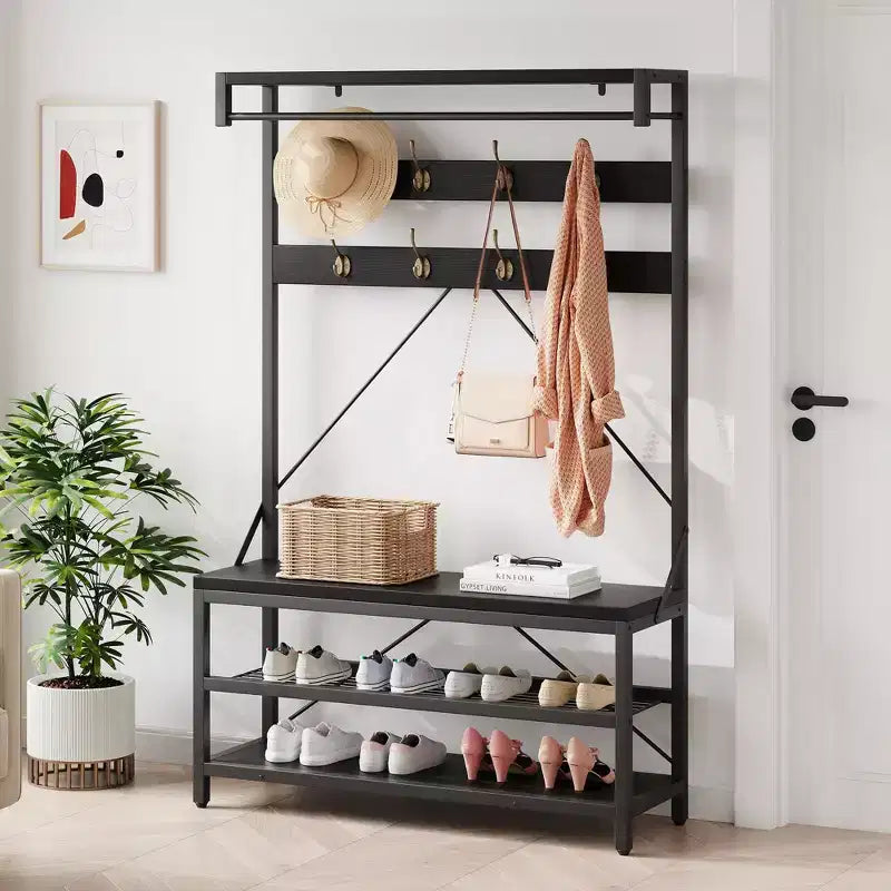 Porte-manteau et banc à chaussures industriels avec étagère de rangement, 8 crochets, barre de suspension – Organisateur d'entrée effet bois – 101,3 x 40 x 183 cm