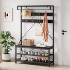 Porte-manteau et banc à chaussures industriels avec étagère de rangement, 8 crochets, barre de suspension – Organisateur d'entrée effet bois – 101,3 x 40 x 183 cm