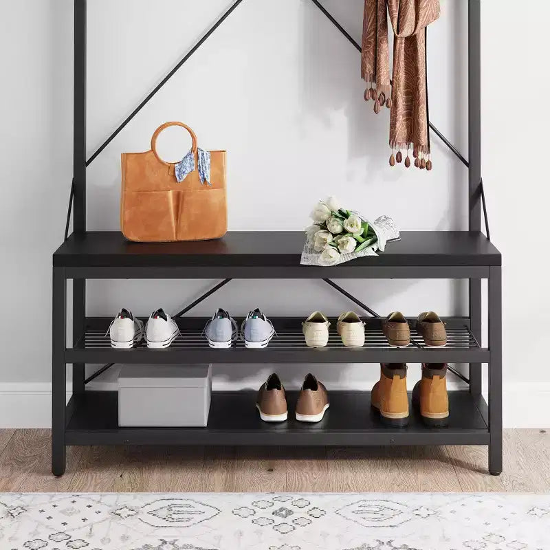 Porte-manteau et banc à chaussures industriels avec étagère de rangement, 8 crochets, barre de suspension – Organisateur d'entrée effet bois – 101,3 x 40 x 183 cm