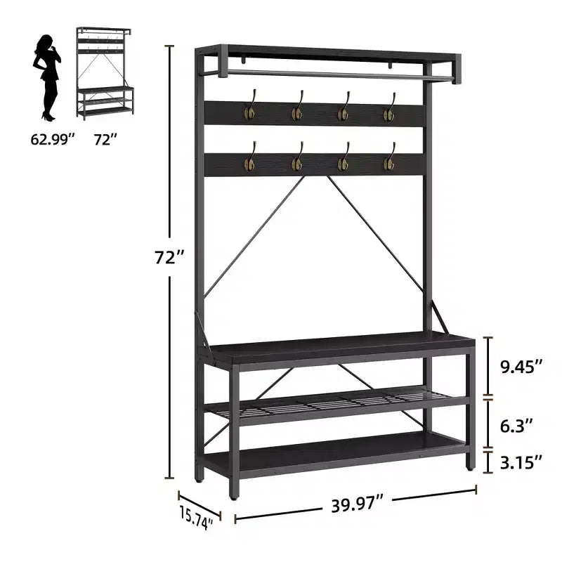 Porte-manteau et banc à chaussures industriels avec étagère de rangement, 8 crochets, barre de suspension – Organisateur d'entrée effet bois – 101,3 x 40 x 183 cm