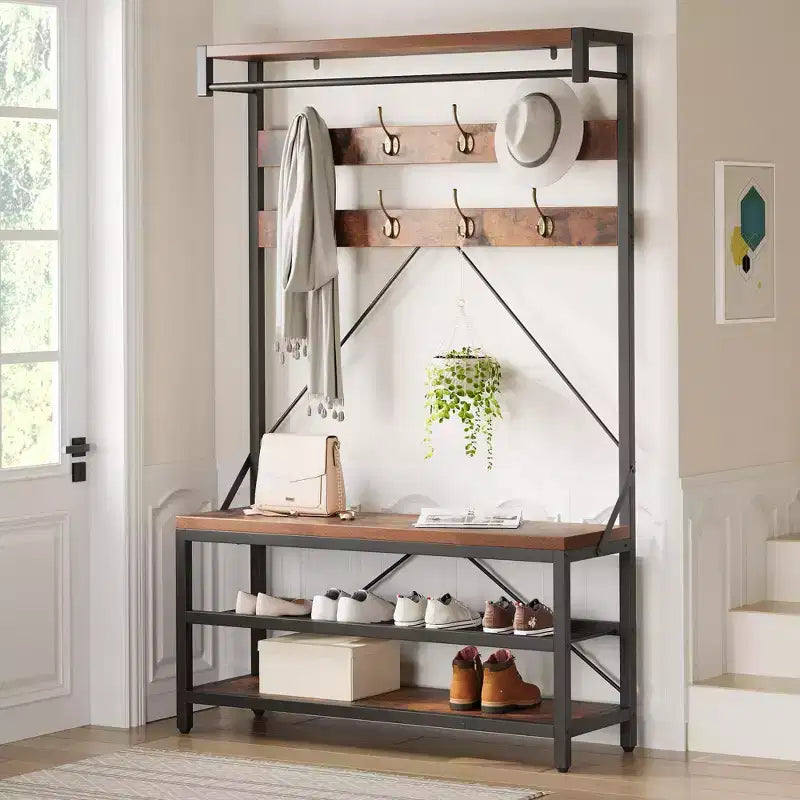 Porte-manteau et banc à chaussures industriels avec étagère de rangement, 8 crochets, barre de suspension – Organisateur d'entrée effet bois – 101,3 x 40 x 183 cm