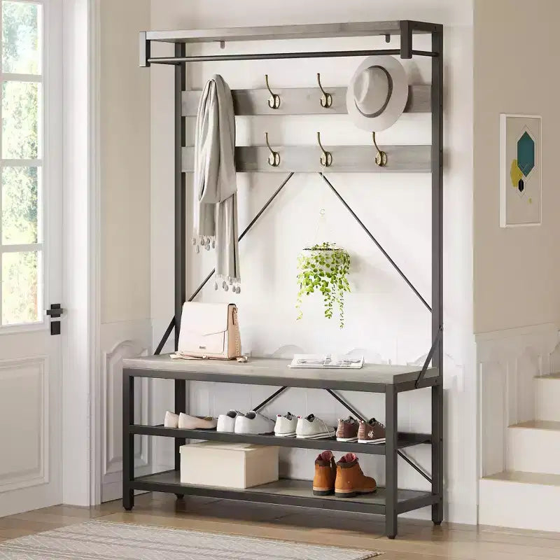 Porte-manteau et banc à chaussures industriels avec étagère de rangement, 8 crochets, barre de suspension – Organisateur d'entrée effet bois – 101,3 x 40 x 183 cm