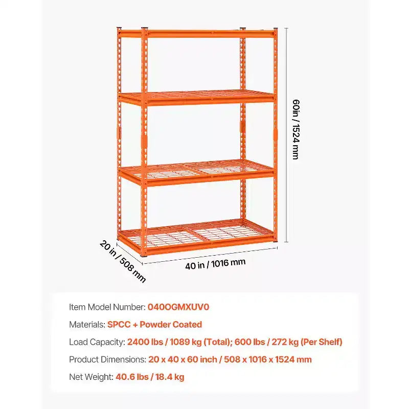 Étagères de rangement VEVOR, 1088 kg, Étagères de garage robustes à 4 niveaux, Étagères métalliques réglables 50,8 P x 101,6 L x 152,4 H pour unité de rayonnage industriel