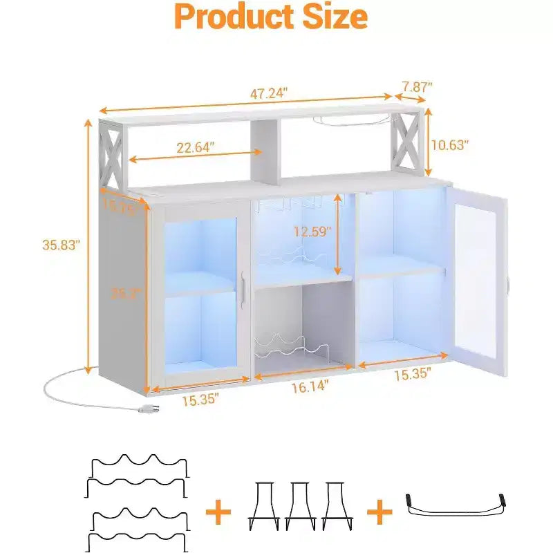 Meuble de bar de cuisine DobleePy, buffet autoportant avec armoire de rangement, casier à vin et porte-verres