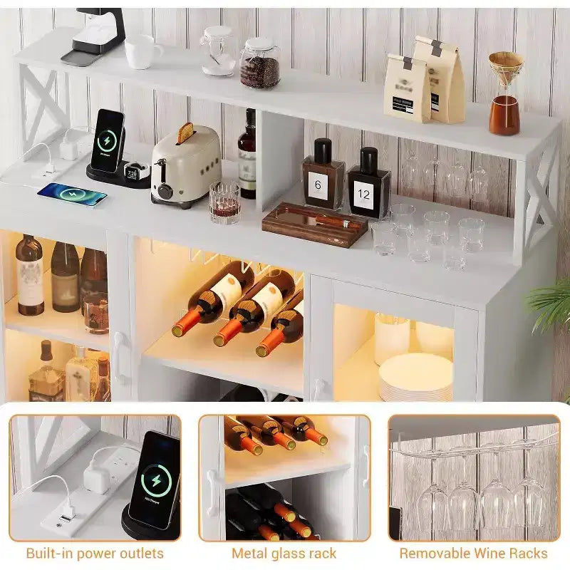 Meuble de bar de cuisine DobleePy, buffet autoportant avec armoire de rangement, casier à vin et porte-verres