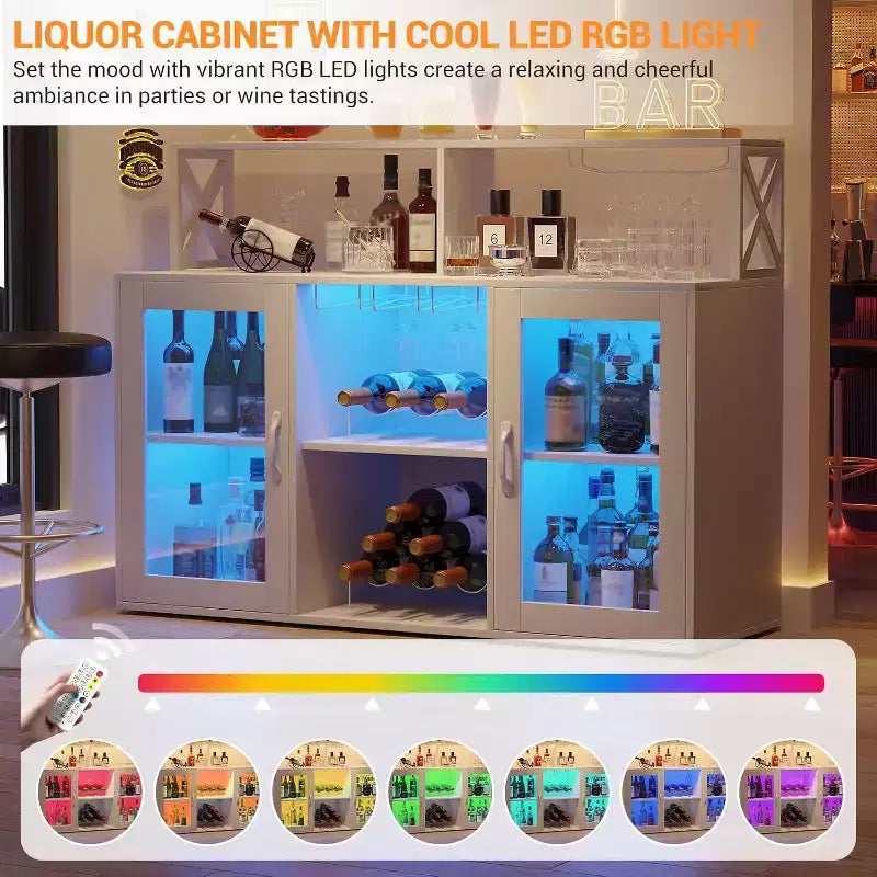 Meuble de bar de cuisine DobleePy, buffet autoportant avec armoire de rangement, casier à vin et porte-verres
