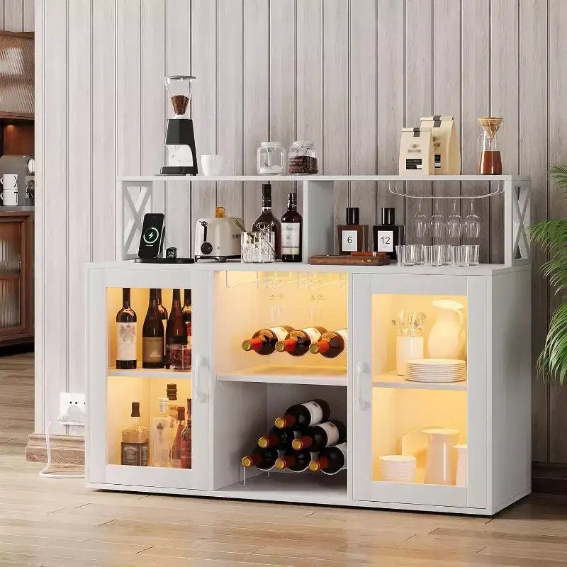 Meuble de bar de cuisine DobleePy, buffet autoportant avec armoire de rangement, casier à vin et porte-verres