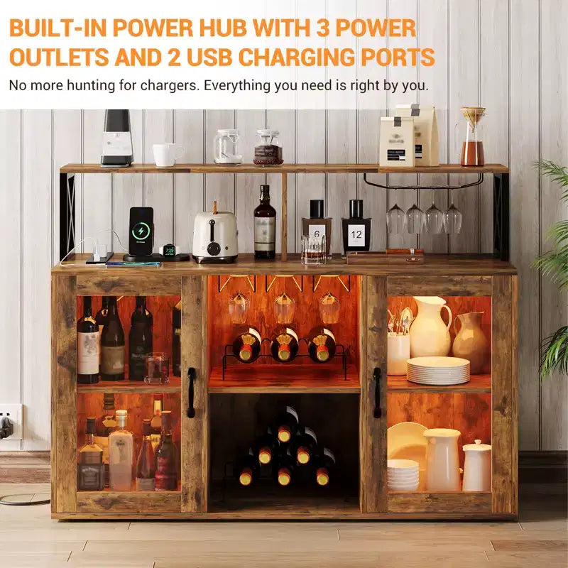 Meuble de bar de cuisine DobleePy, buffet autoportant avec armoire de rangement, casier à vin et porte-verres