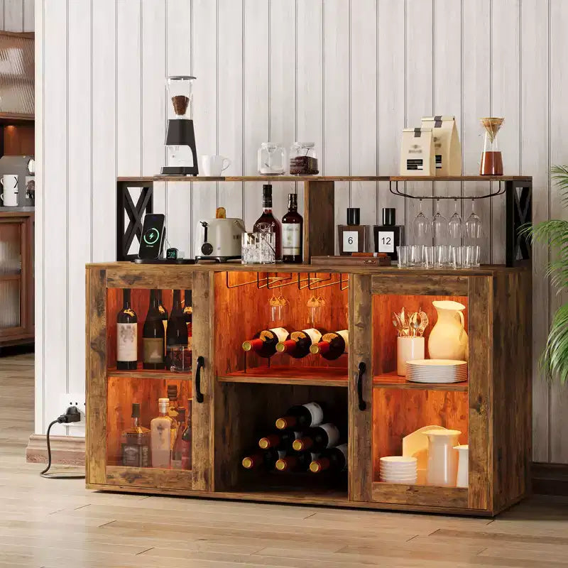 Meuble de bar de cuisine DobleePy, buffet autoportant avec armoire de rangement, casier à vin et porte-verres