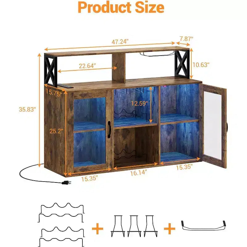 Meuble de bar de cuisine DobleePy, buffet autoportant avec armoire de rangement, casier à vin et porte-verres