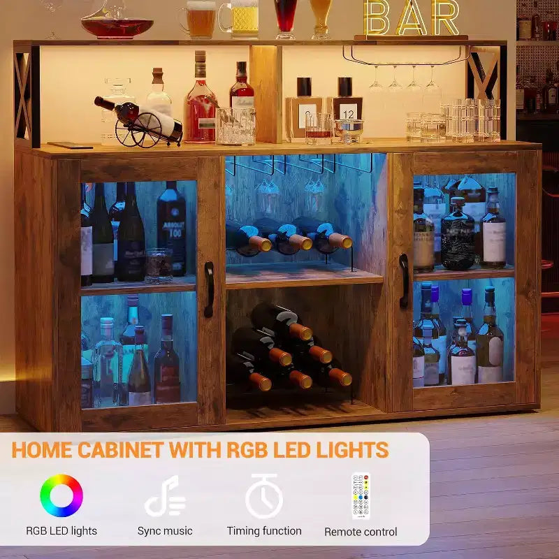 Meuble de bar de cuisine DobleePy, buffet autoportant avec armoire de rangement, casier à vin et porte-verres
