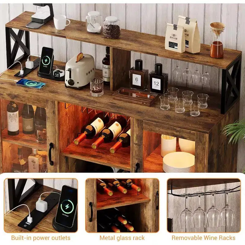 Meuble de bar de cuisine DobleePy, buffet autoportant avec armoire de rangement, casier à vin et porte-verres