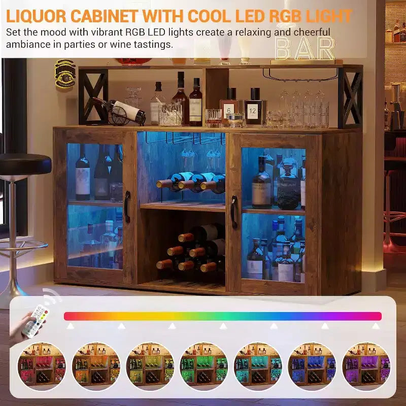 Meuble de bar de cuisine DobleePy, buffet autoportant avec armoire de rangement, casier à vin et porte-verres