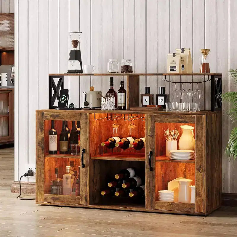 Meuble de bar de cuisine DobleePy, buffet autoportant avec armoire de rangement, casier à vin et porte-verres