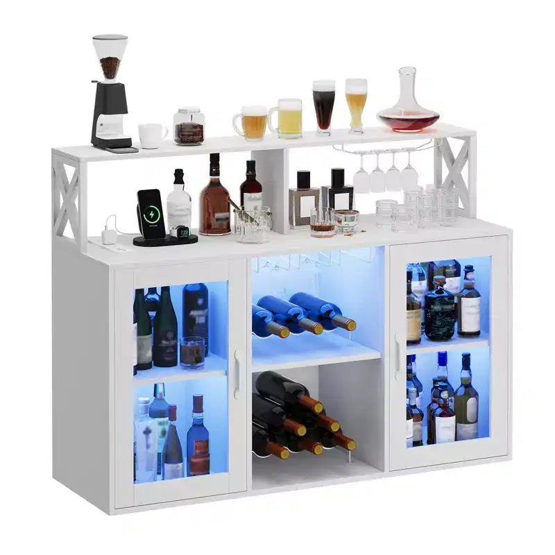 Meuble de bar de cuisine DobleePy, buffet autoportant avec armoire de rangement, casier à vin et porte-verres