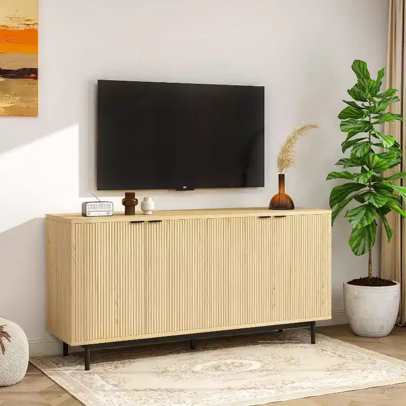 Desserte de buffet Dyonery de 58 pouces avec rangement, meuble à rainures avec étagères réglables et 4 portes, couleur noir/bois naturel