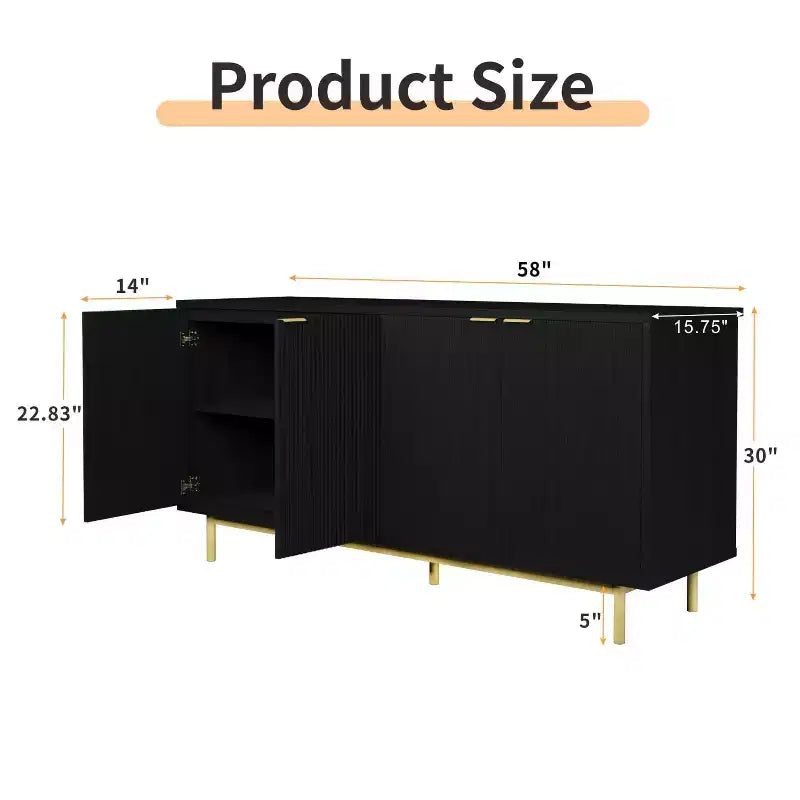 Desserte de buffet Dyonery de 58 pouces avec rangement, meuble à rainures avec étagères réglables et 4 portes, couleur noir/bois naturel