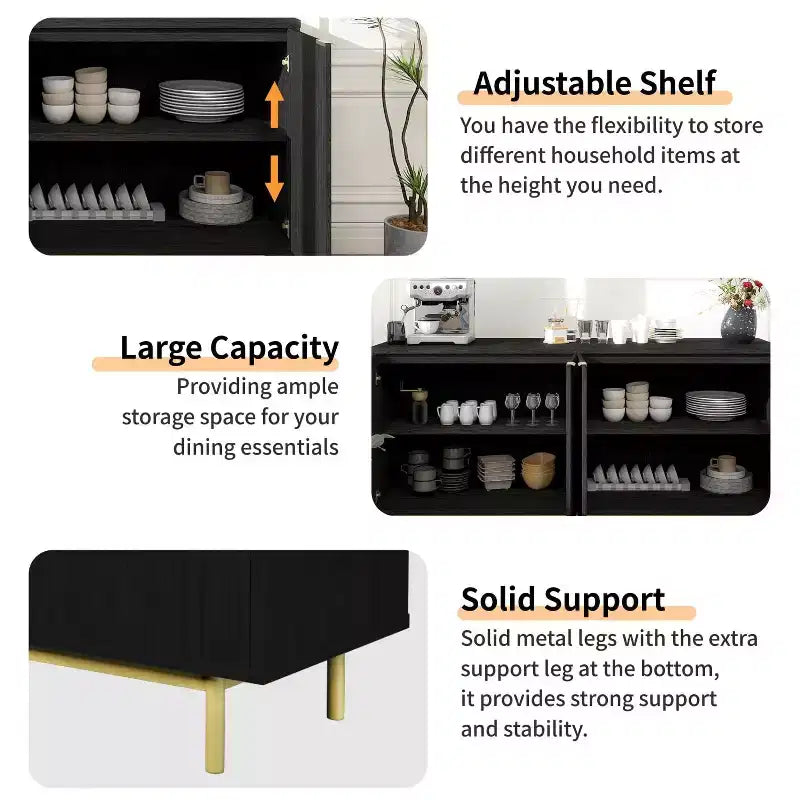 Desserte de buffet Dyonery de 58 pouces avec rangement, meuble à rainures avec étagères réglables et 4 portes, couleur noir/bois naturel