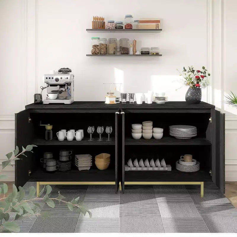 Desserte de buffet Dyonery de 58 pouces avec rangement, meuble à rainures avec étagères réglables et 4 portes, couleur noir/bois naturel