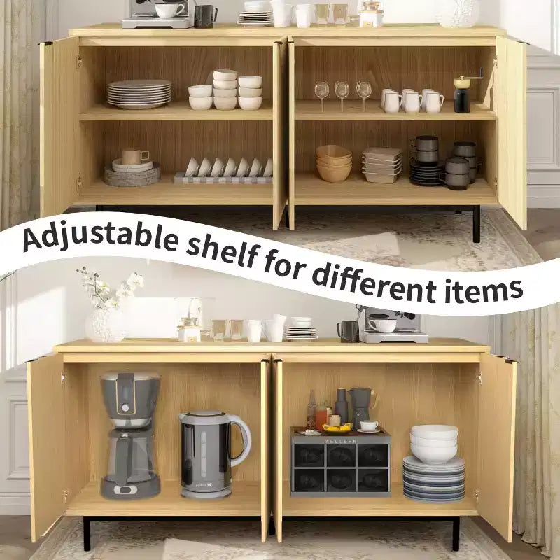 Desserte de buffet Dyonery de 58 pouces avec rangement, meuble à rainures avec étagères réglables et 4 portes, couleur noir/bois naturel