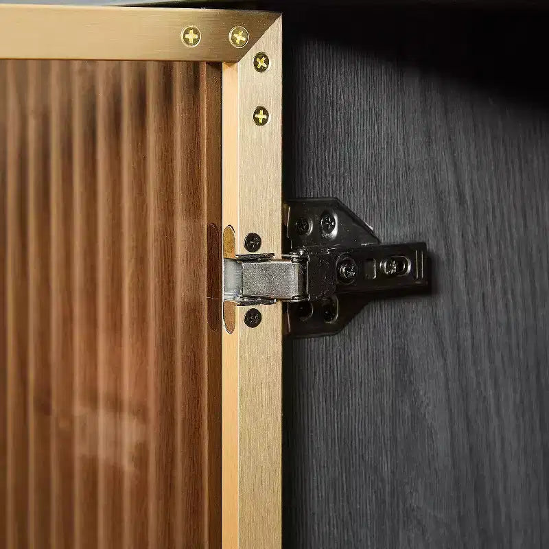 Meuble TV ondulé 64 W avec lumières LED, buffet rond à rayures verticales, meuble de rangement en verre trempé avec cadre de porte en aluminium, noir - ModernLuxe