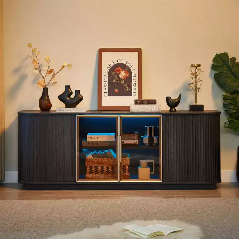 Meuble TV ondulé 64 W avec lumières LED, buffet rond à rayures verticales, meuble de rangement en verre trempé avec cadre de porte en aluminium, noir - ModernLuxe