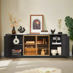 Meuble TV ondulé 64 W avec lumières LED, buffet rond à rayures verticales, meuble de rangement en verre trempé avec cadre de porte en aluminium, noir - ModernLuxe