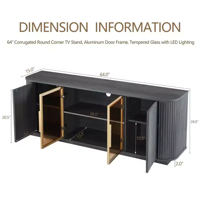Meuble TV ondulé 64 W avec lumières LED, buffet rond à rayures verticales, meuble de rangement en verre trempé avec cadre de porte en aluminium, noir - ModernLuxe