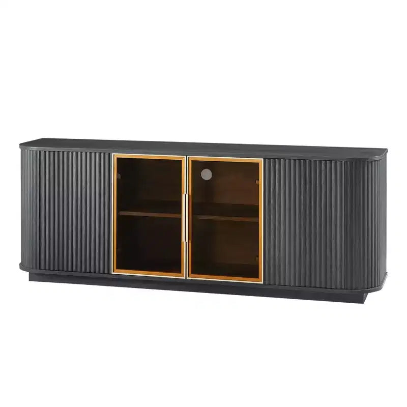 Meuble TV ondulé 64 W avec lumières LED, buffet rond à rayures verticales, meuble de rangement en verre trempé avec cadre de porte en aluminium, noir - ModernLuxe