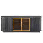 Meuble TV ondulé 64 W avec lumières LED, buffet rond à rayures verticales, meuble de rangement en verre trempé avec cadre de porte en aluminium, noir - ModernLuxe