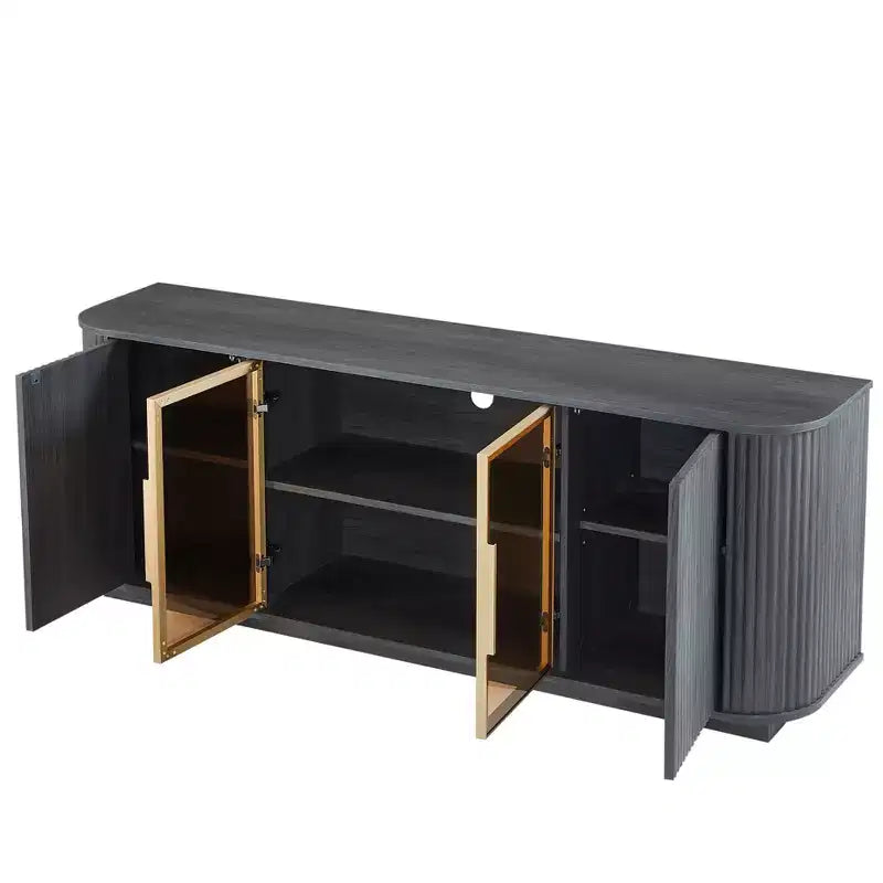 Meuble TV ondulé 64 W avec lumières LED, buffet rond à rayures verticales, meuble de rangement en verre trempé avec cadre de porte en aluminium, noir - ModernLuxe