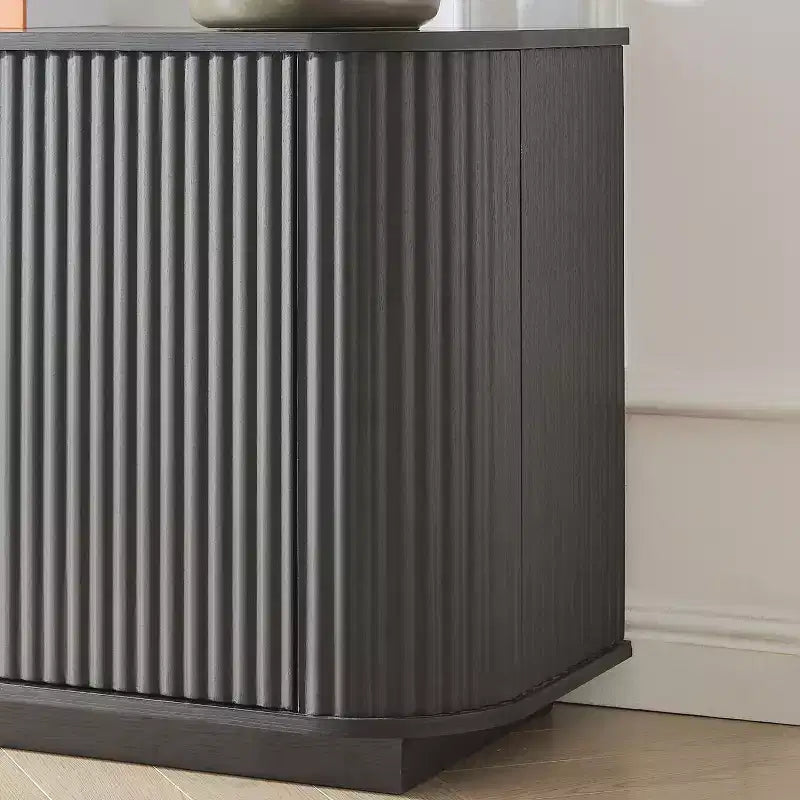 Meuble TV ondulé 64 W avec lumières LED, buffet rond à rayures verticales, meuble de rangement en verre trempé avec cadre de porte en aluminium, noir - ModernLuxe