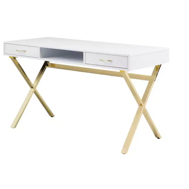HomeRoots 47 White and Gold Wood and Metal Computer Desk With Two Drawers